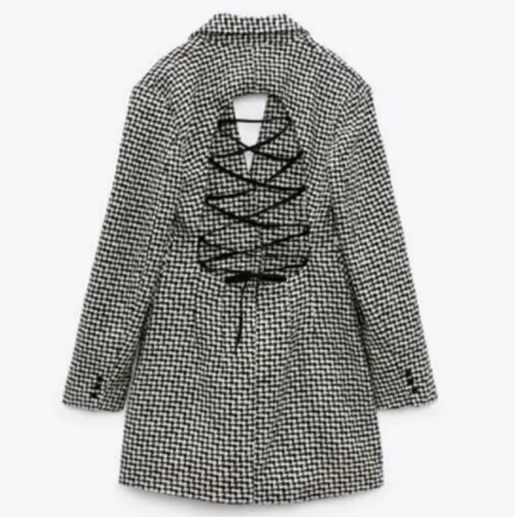 NWT Zara * Houndstooth Textured Tweed Blazer Dress Cut Out Size XS S - Picture 10 of 15